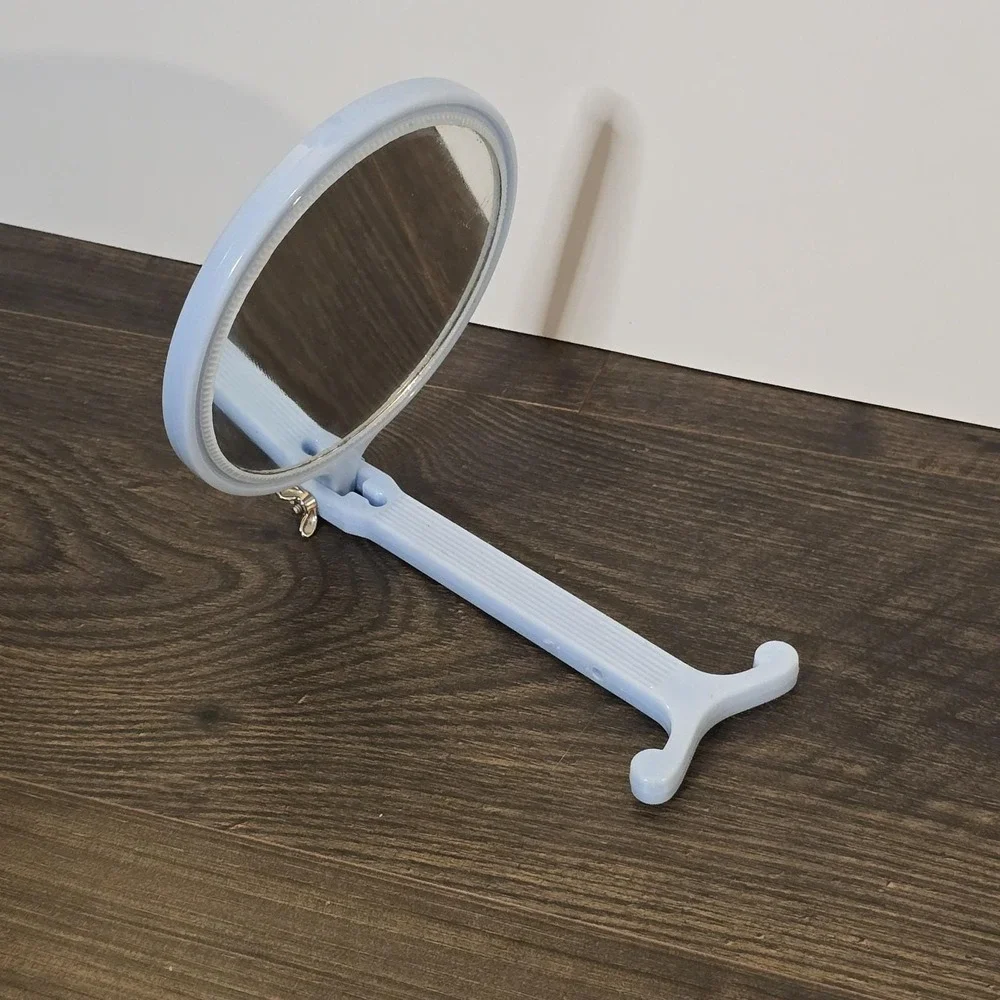 Vintage Light Blue Handheld Mirror Plastic Double-sided Adjustable Made in‎ USA